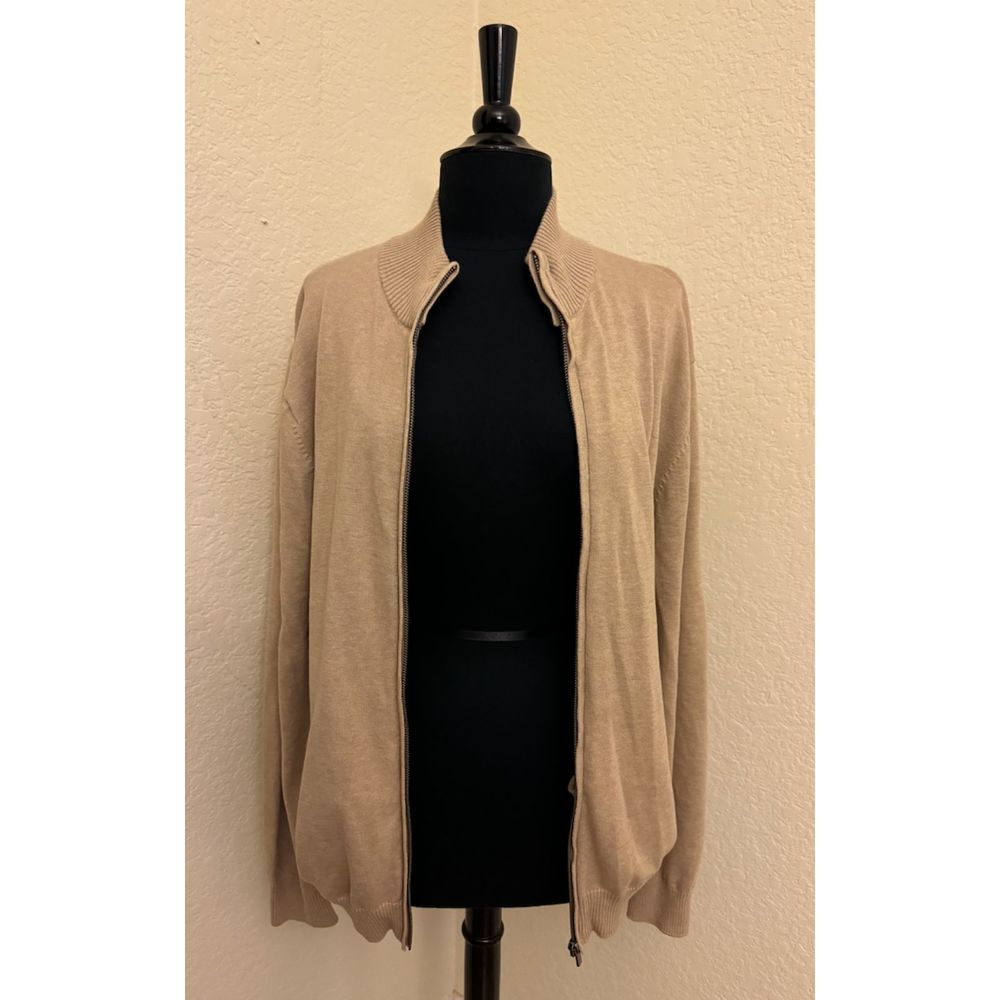 Men's Club Room Khaki Zip Front Ribbed Pocketed Sweater - Sz L